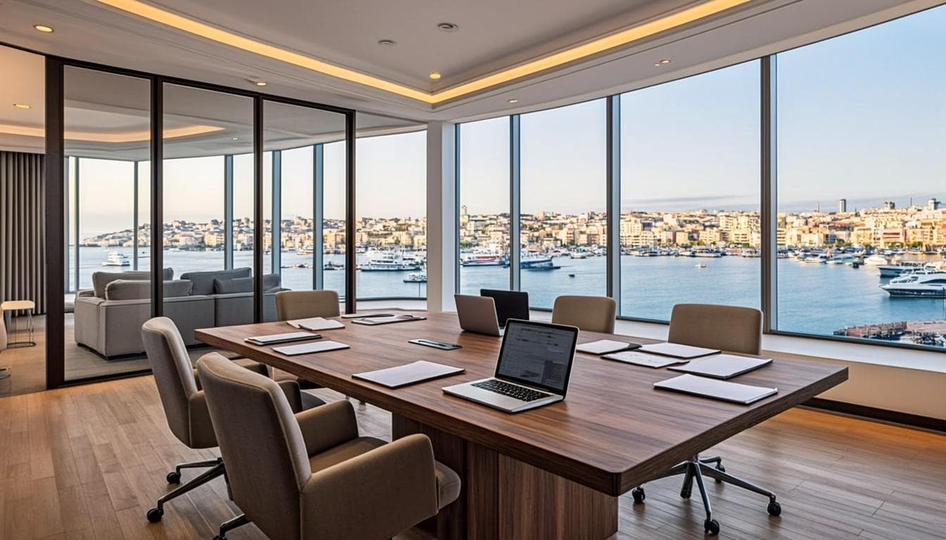 PURECROP CORPORATION corporate headquarters overlooking a tropical port